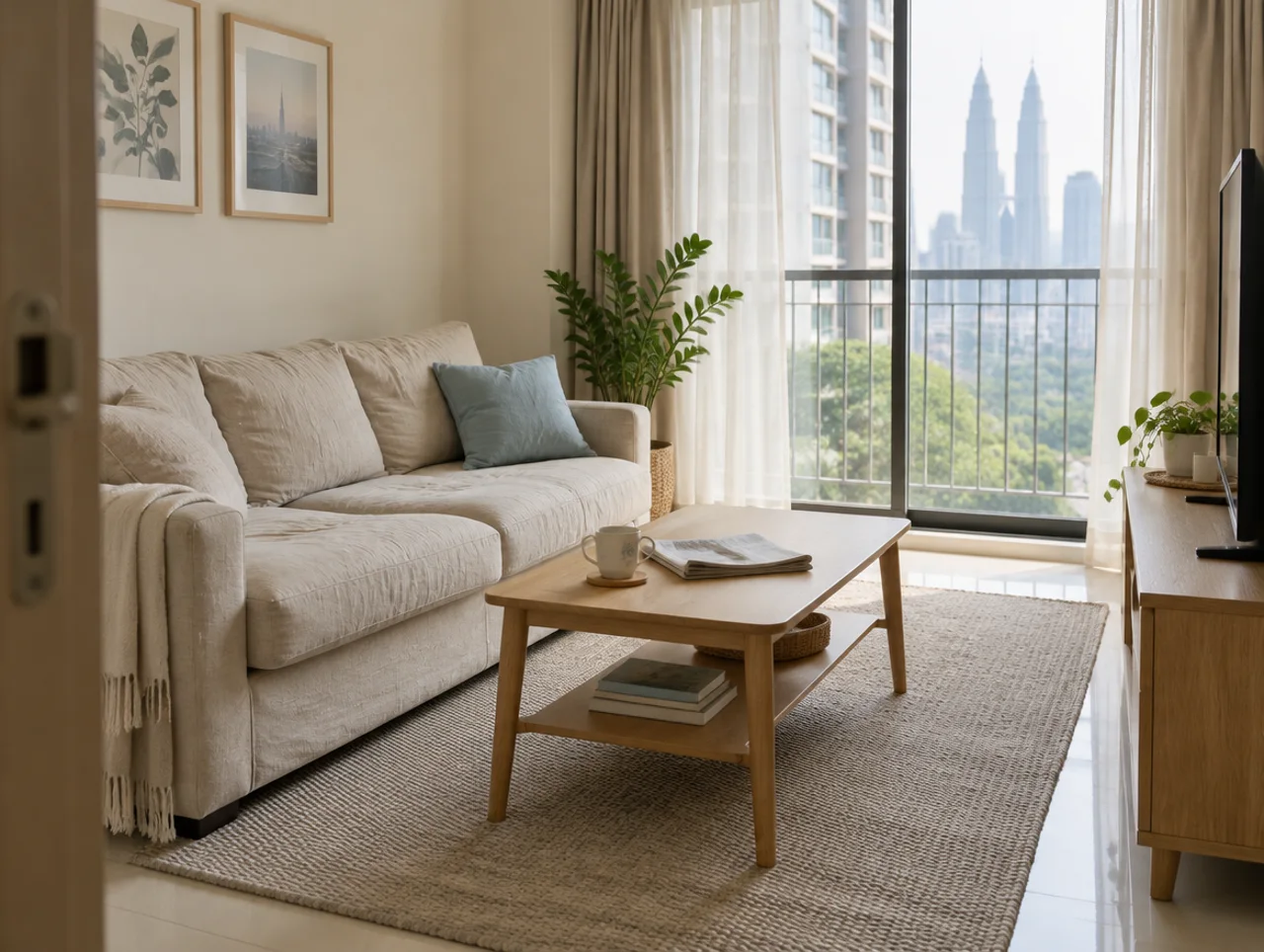 Illustrative sunlit apartment living room with a fabric sofa and oak coffee table