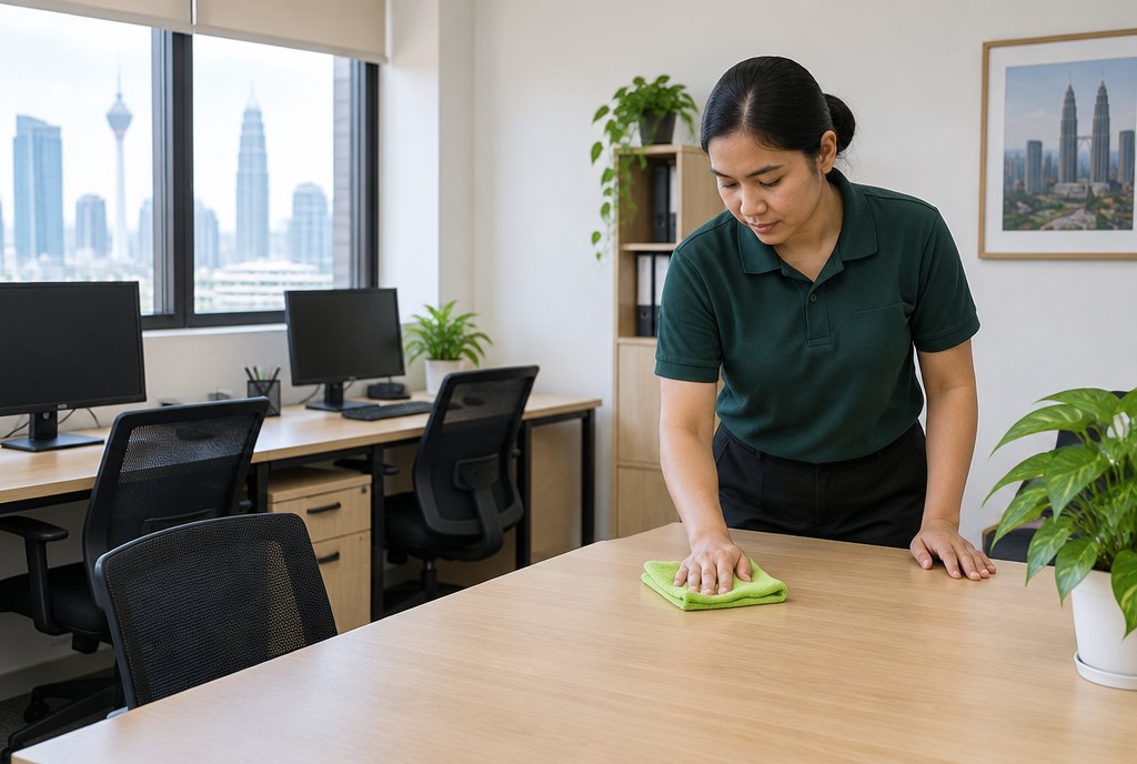 Illustrative scene of a cleaner wiping a cleared desk in a small daylight-filled office