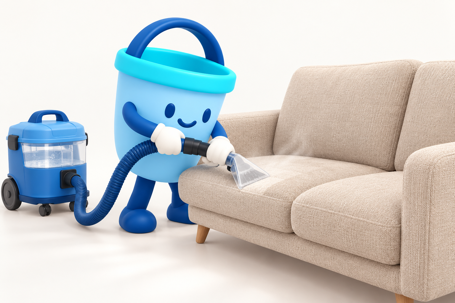 Toppo using an upholstery extraction nozzle connected to a cleaning machine on a sofa
