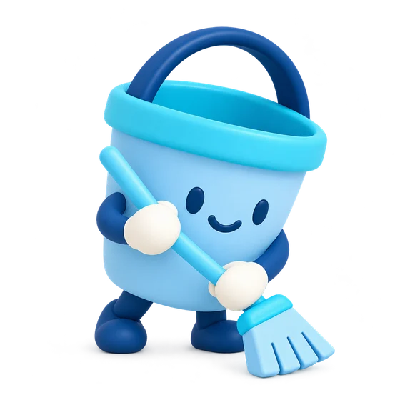 Toppo, our little blue mascot, sweeping with a broom