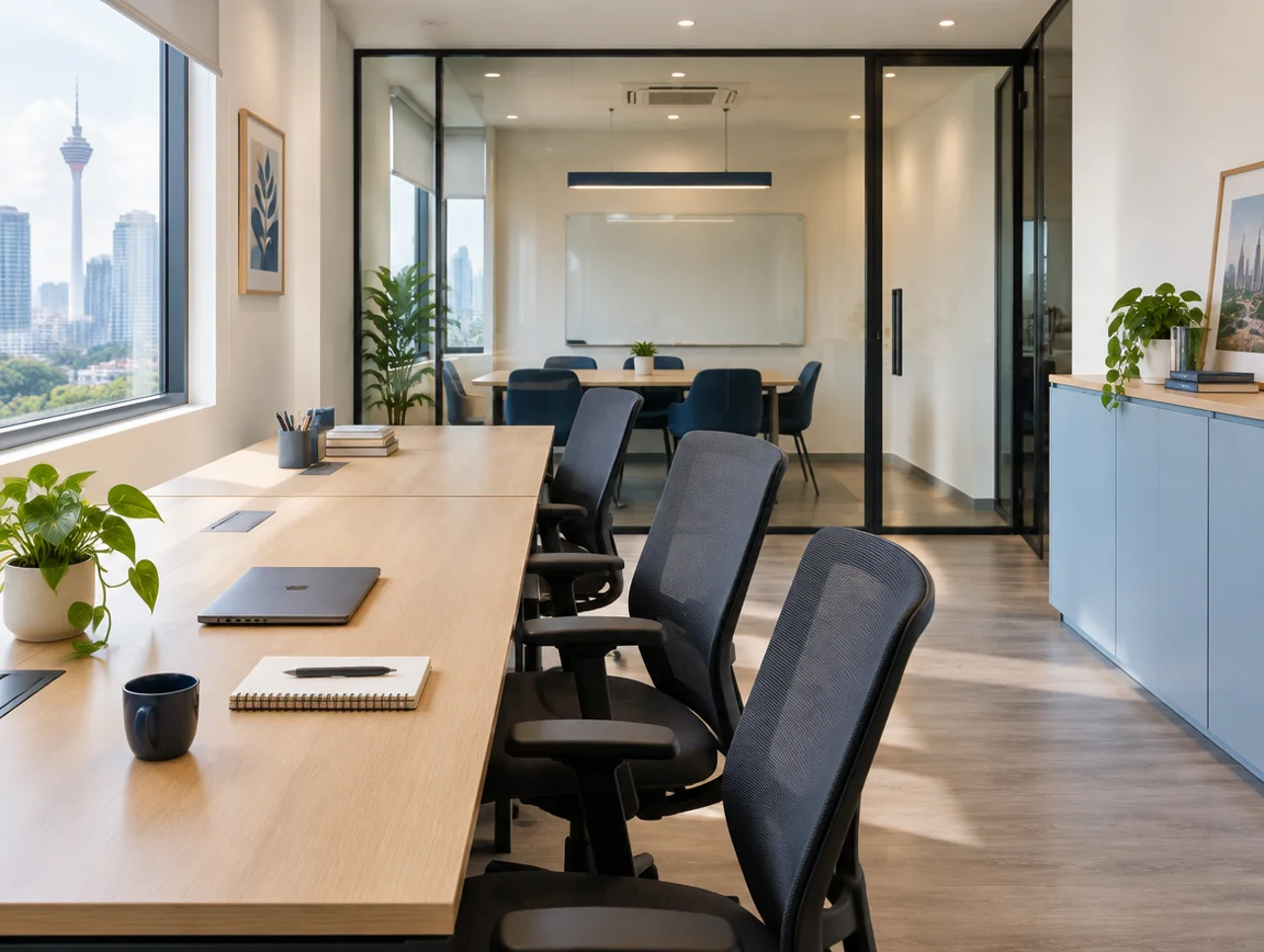 Illustrative small office with cleared shared desks and a glass meeting room